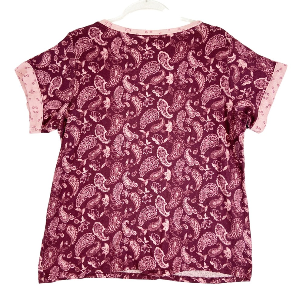 Lucky Brand Womens Paisley Short Sleeve Tee Shirt Maroon Burgundy Size Large - Picture 2 of 3